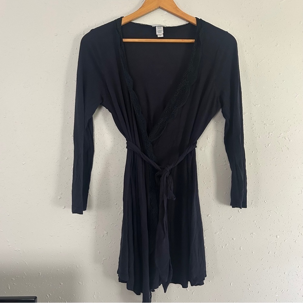 Eberjey Black Lace Trim Cardigan Blouse Lightweight Neutral Casual Comfy Small